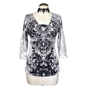 Vtg Y2K Energe Grunge Goth Whimsigoth Fairycore Paisley Ruched 3/4 Sleeve Top S